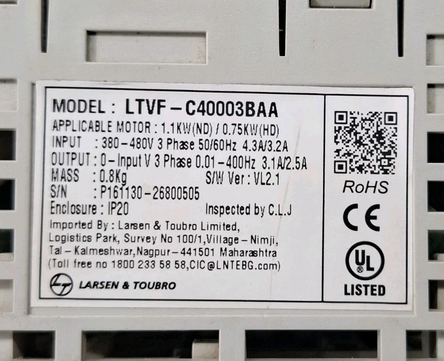LARSEN & TOUBRO LTVF-C40003BAA 1.1KW/0.75KW(HD) IP20 380-480V 3 PHASE 50/60Hz